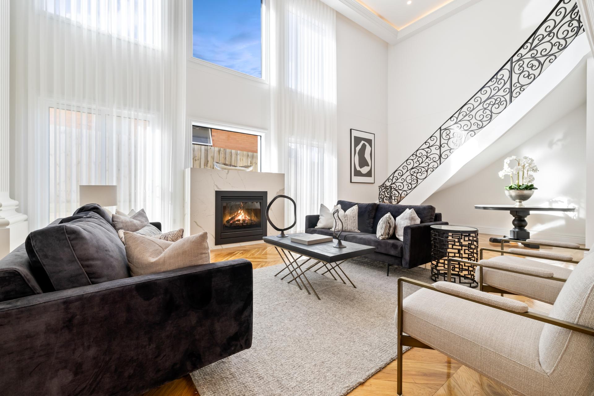 Double-Height Formal Salon with Marble Fireplace